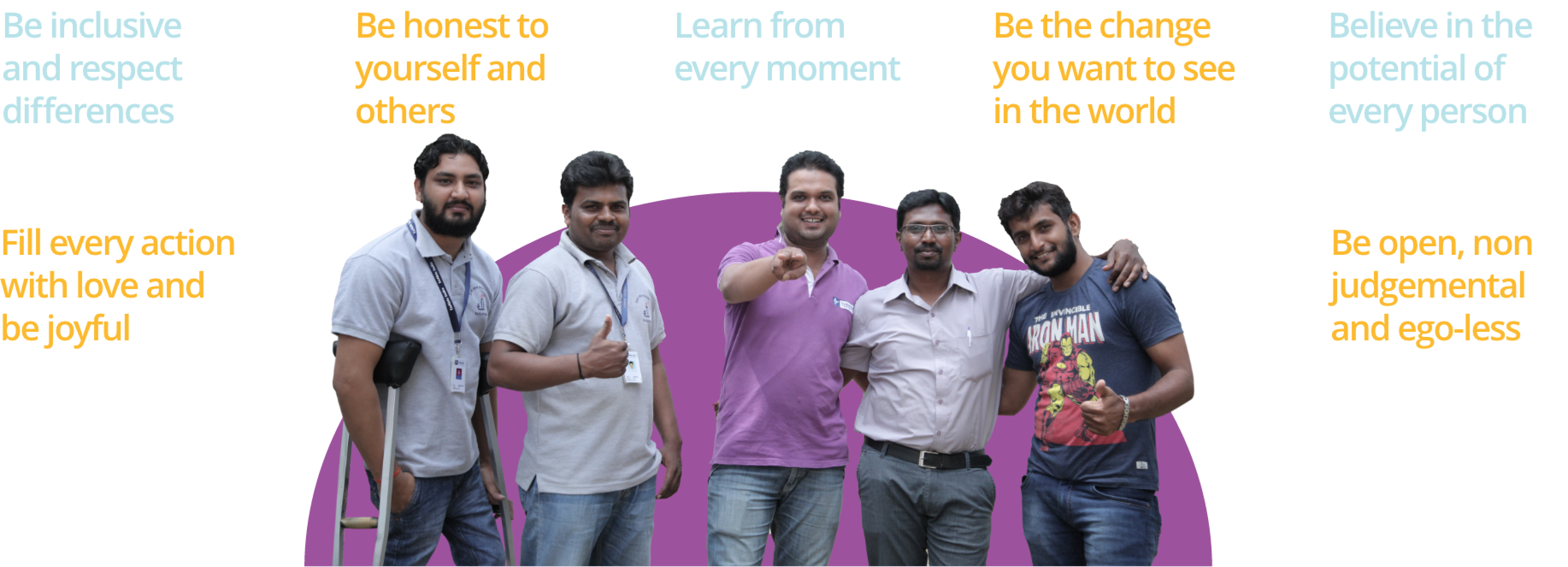 Group of five diverse male team members smiling together, surrounded by value statements